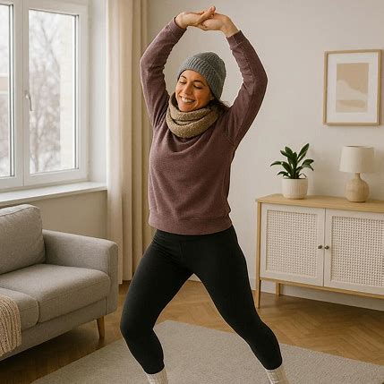 Staying fit in winter by doing stretching exercises in warm clothing at Home