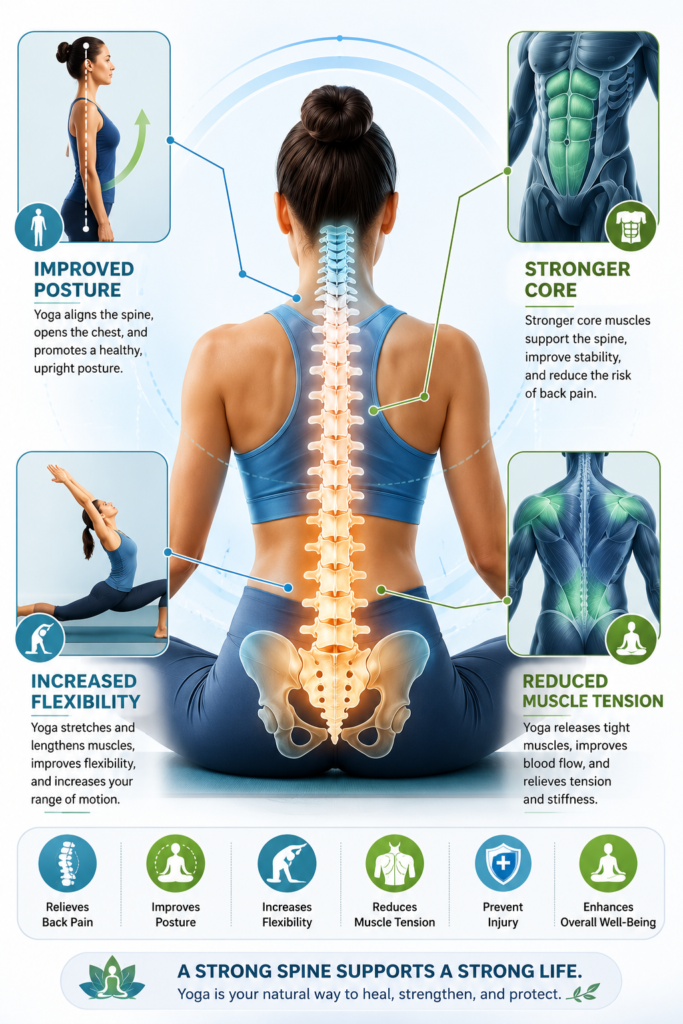 Illustration showing how yoga benefits spinal health