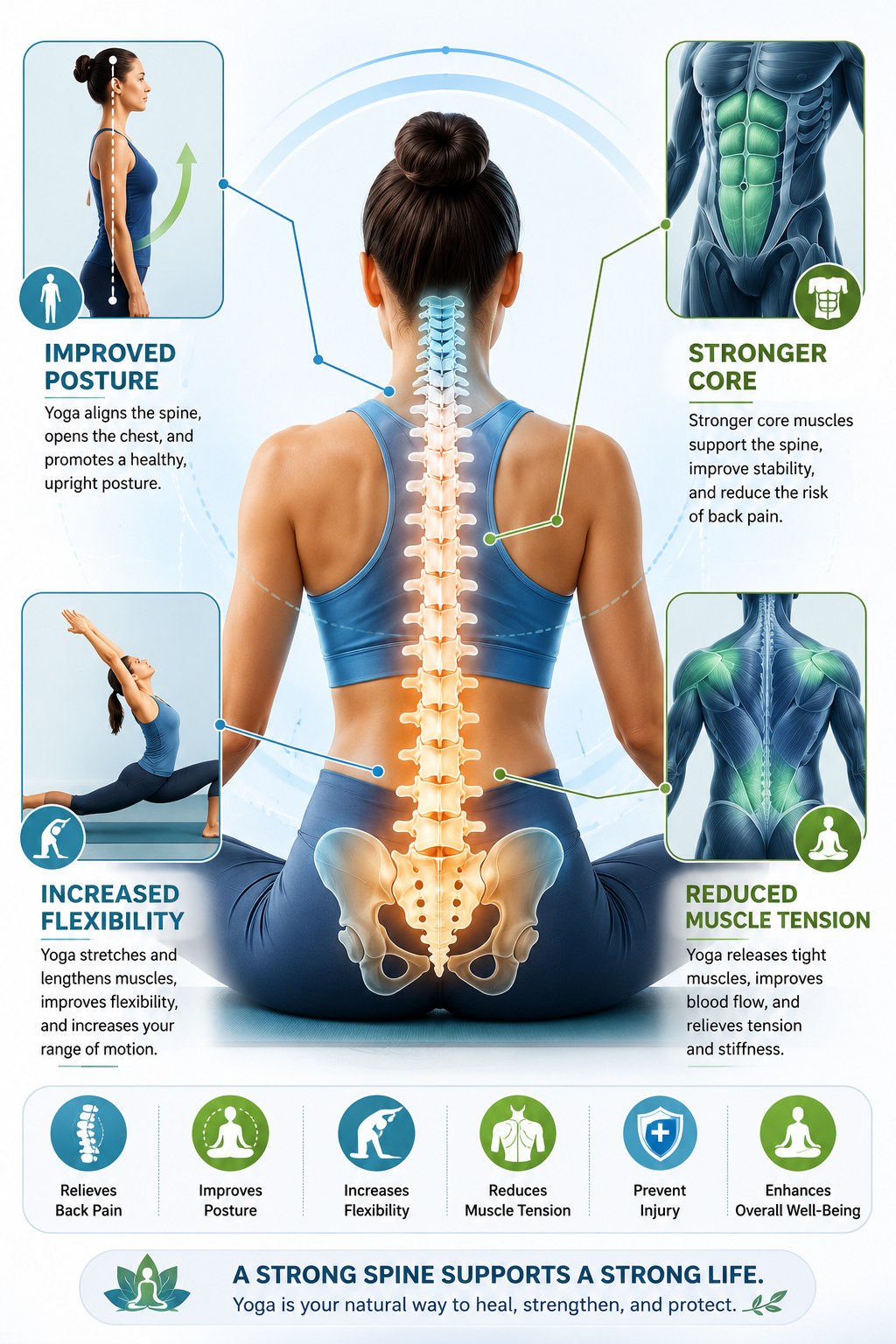 Illustration showing how yoga benefits spinal health