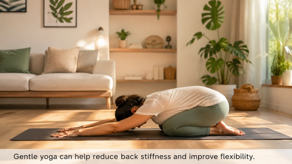 Woman performing Child's Pose for back pain relief at home